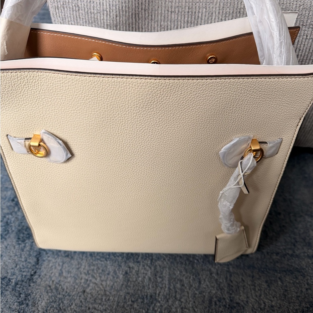 Tory Burch Cream and Tan Structured Satchel with Gold Hardware - Picture 9 of 16